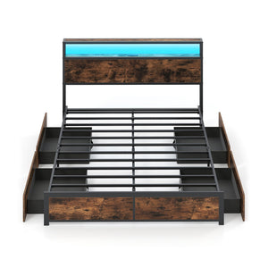 Full/Queen Size LED Bed Frame with Charging Station and 4 Storage Drawers-Queen