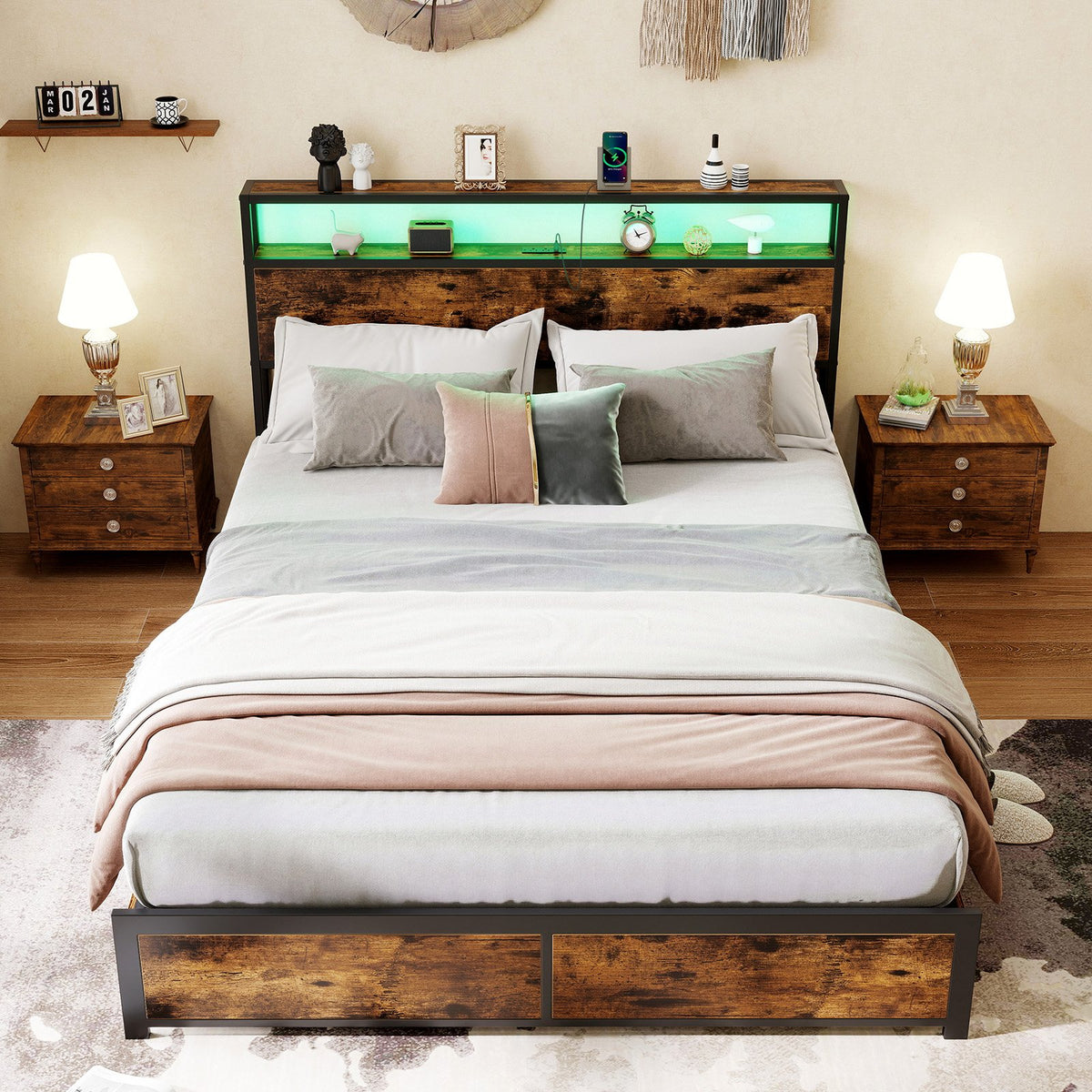 Full/Queen Size LED Bed Frame with Charging Station and 4 Storage Drawers-Queen view 2