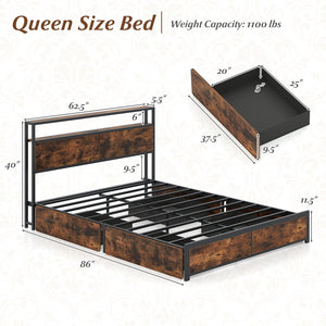 Full/Queen Size LED Bed Frame with Charging Station and 4 Storage Drawers-Queen view 5