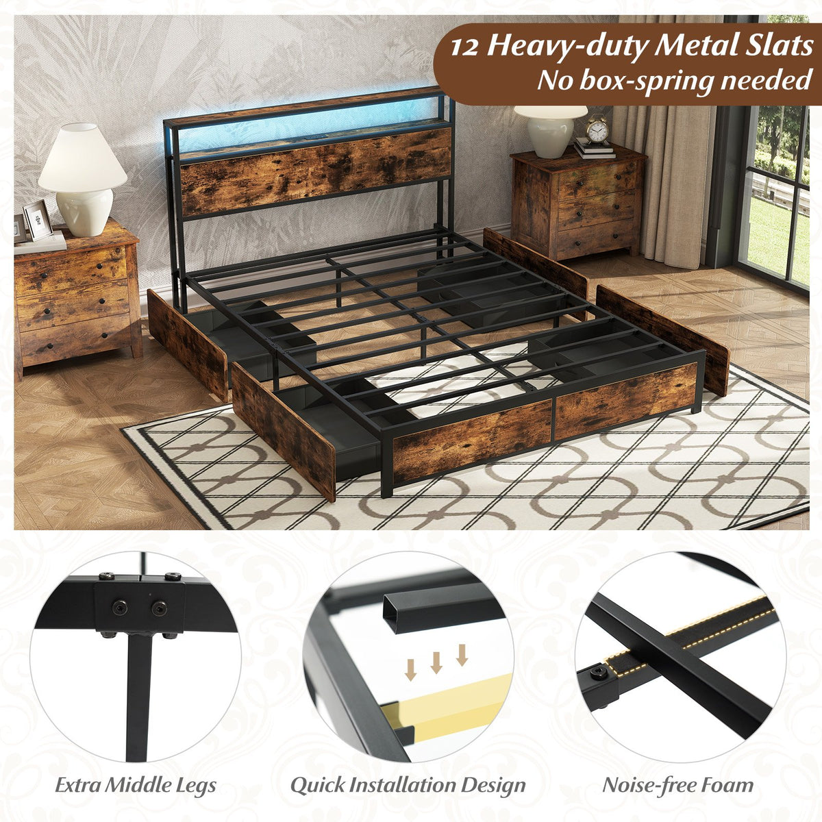 Full/Queen Size LED Bed Frame with Charging Station and 4 Storage Drawers-Queen view 6
