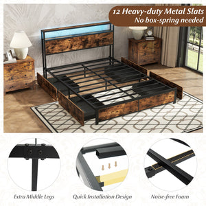 Full/Queen Size LED Bed Frame with Charging Station and 4 Storage Drawers-Queen view 6