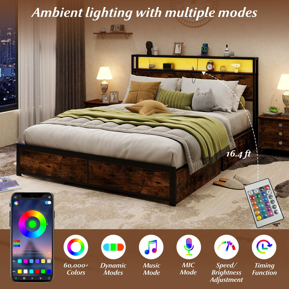 Full/Queen Size LED Bed Frame with Charging Station and 4 Storage Drawers-Queen view 7