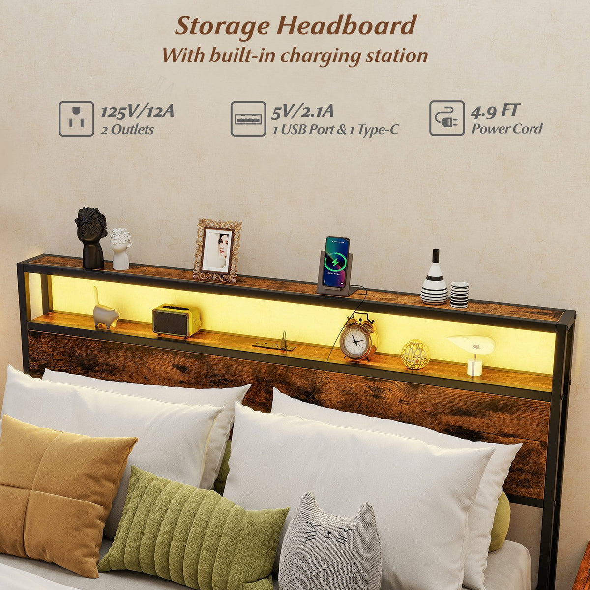 Full/Queen Size LED Bed Frame with Charging Station and 4 Storage Drawers-Queen view 9
