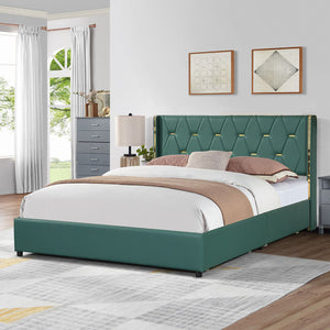 Full/Queen Size Upholstered Bed Frame with 4 Drawers-Green-Full Size view 2