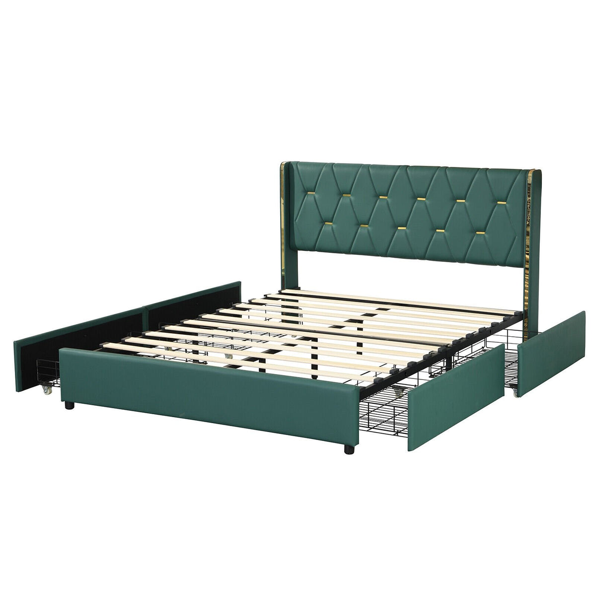Full/Queen Size Upholstered Bed Frame with 4 Drawers-Green-Full Size view 3