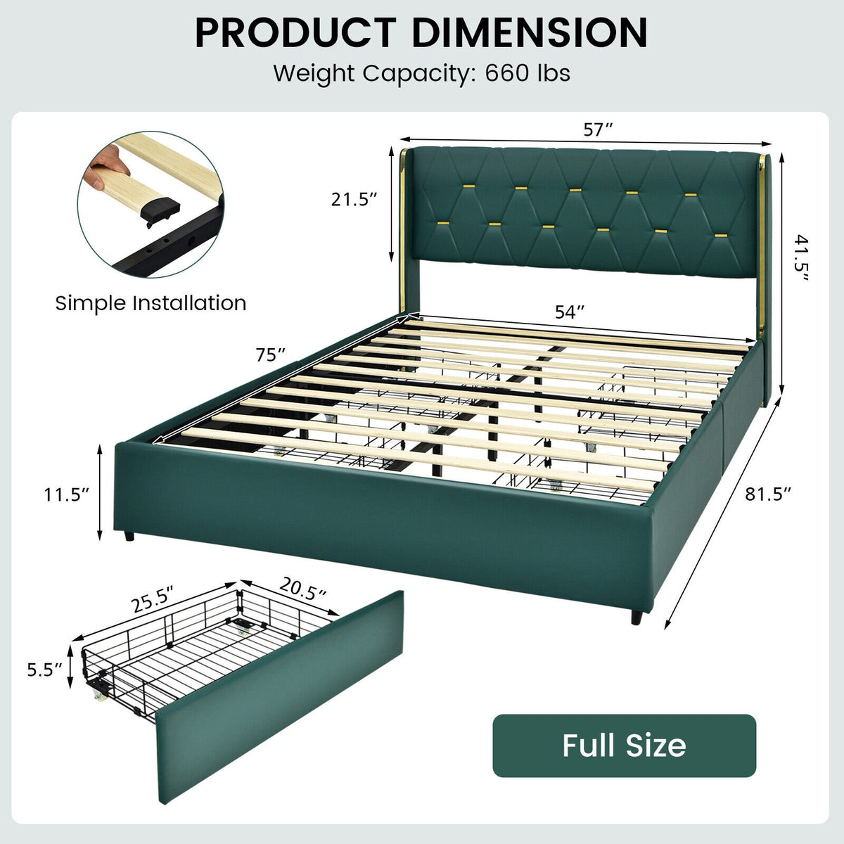 Full/Queen Size Upholstered Bed Frame with 4 Drawers-Green-Full Size view 4