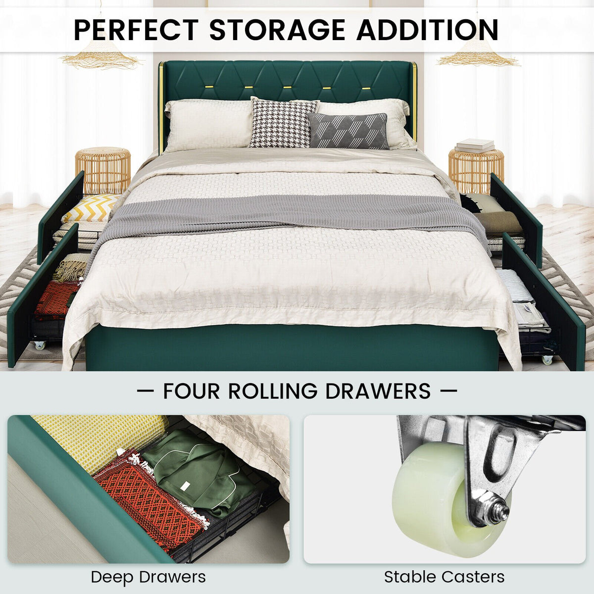 Full/Queen Size Upholstered Bed Frame with 4 Drawers-Green-Full Size view 6