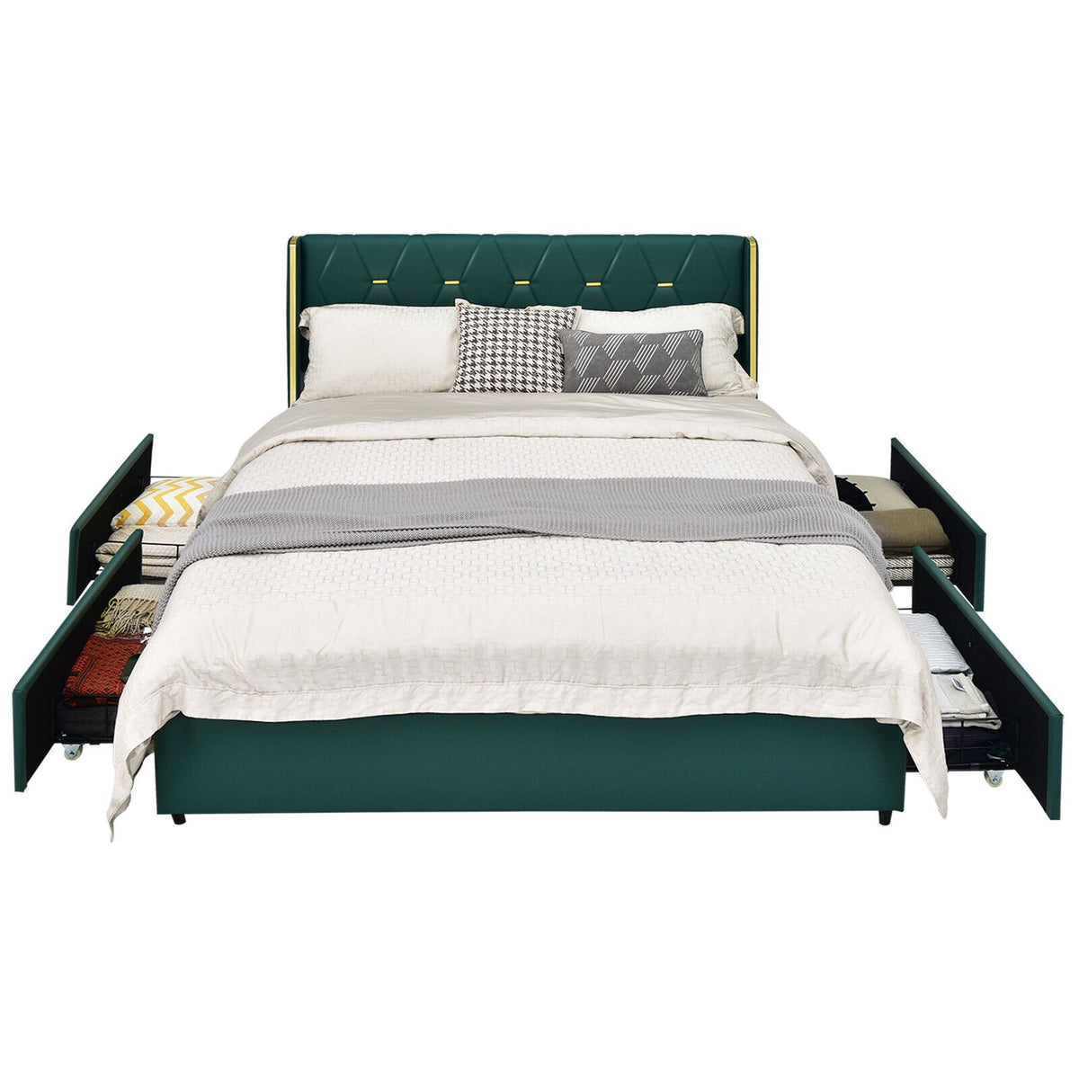 Full/Queen Size Upholstered Bed Frame with 4 Drawers-Green-Full Size view 9