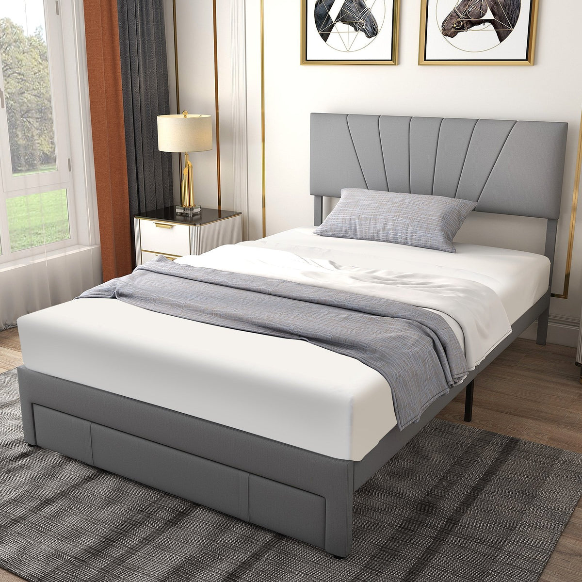 Full/Queen Size Upholstered Bed Frame with Drawer and Adjustable Headboard-Full Size view 2