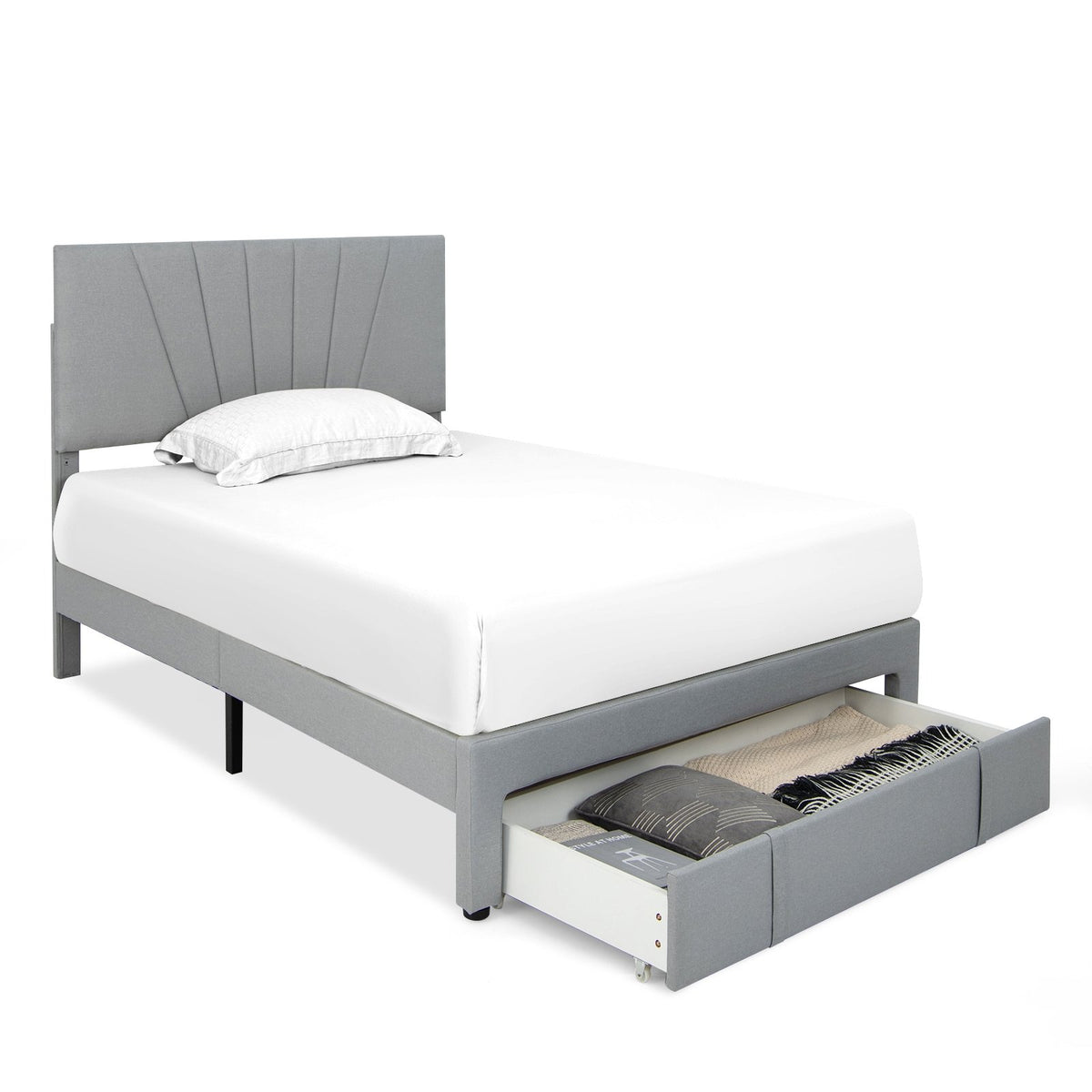 Full/Queen Size Upholstered Bed Frame with Drawer and Adjustable Headboard-Full Size view 4