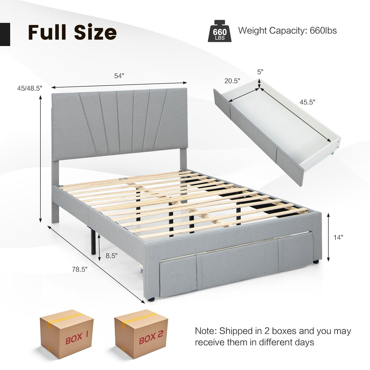 Full/Queen Size Upholstered Bed Frame with Drawer and Adjustable Headboard-Full Size view 5