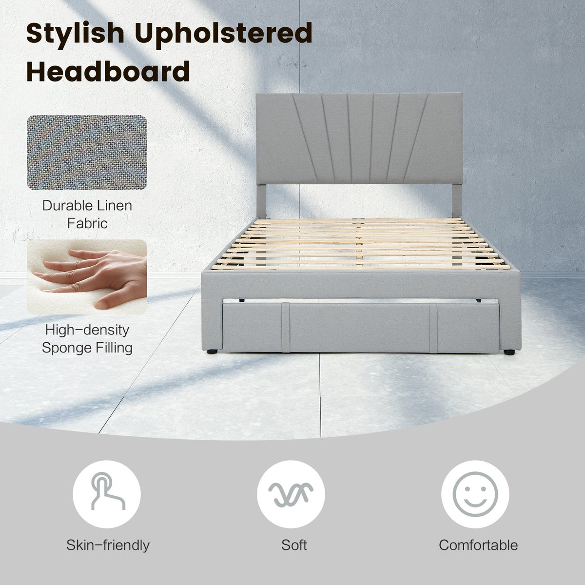 Full/Queen Size Upholstered Bed Frame with Drawer and Adjustable Headboard-Full Size view 8