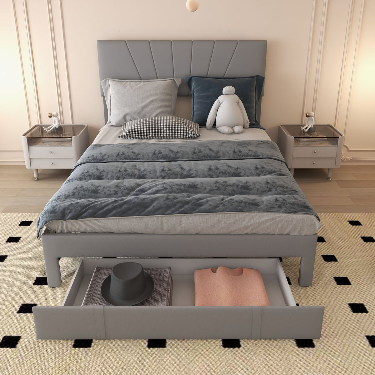 Full/Queen Size Upholstered Bed Frame with Drawer and Adjustable Headboard-Queen Size view 3