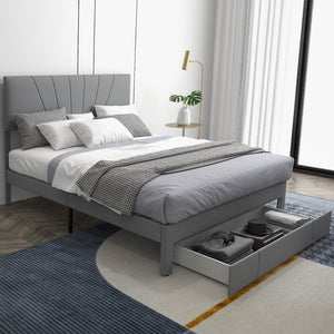 Full/Queen Size Upholstered Bed Frame with Drawer and Adjustable Headboard-Queen Size view 6