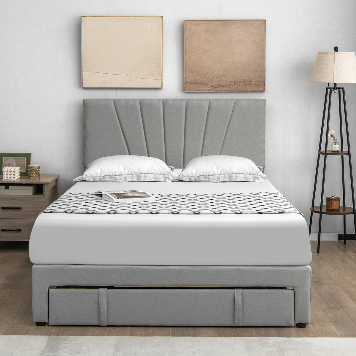 Full/Queen Size Upholstered Bed Frame with Drawer and Adjustable Headboard-Queen Size view 7