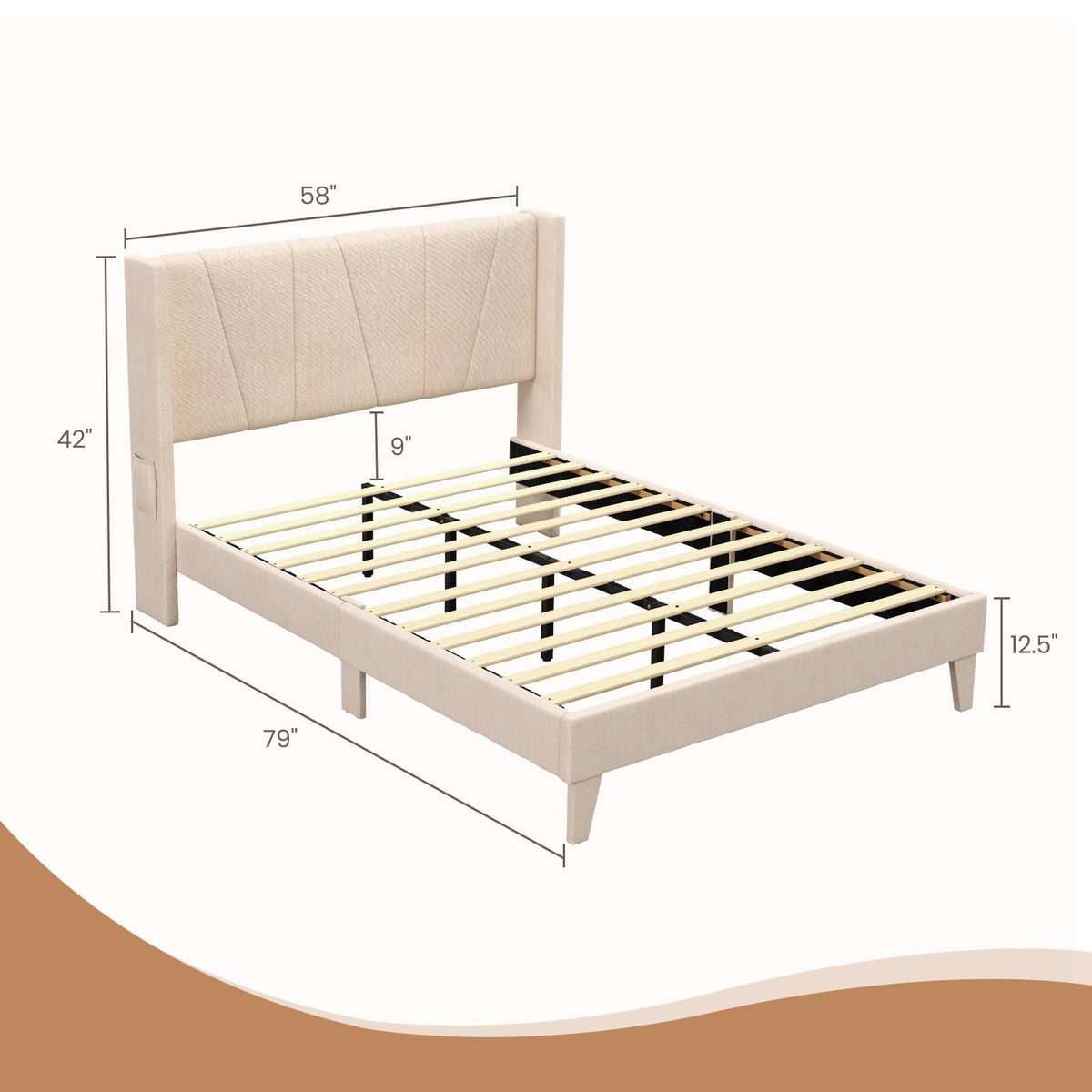 Full/Queen Size Upholstered Bed Frame with Geometric Wingback Headboard-Full Size view 5