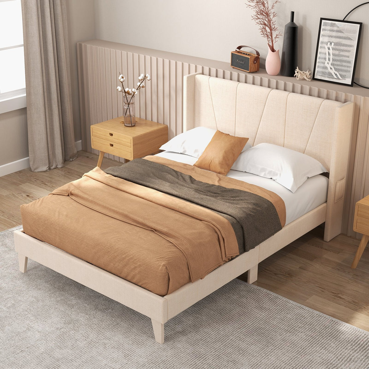 Full/Queen Size Upholstered Bed Frame with Geometric Wingback Headboard-Full Size view 6