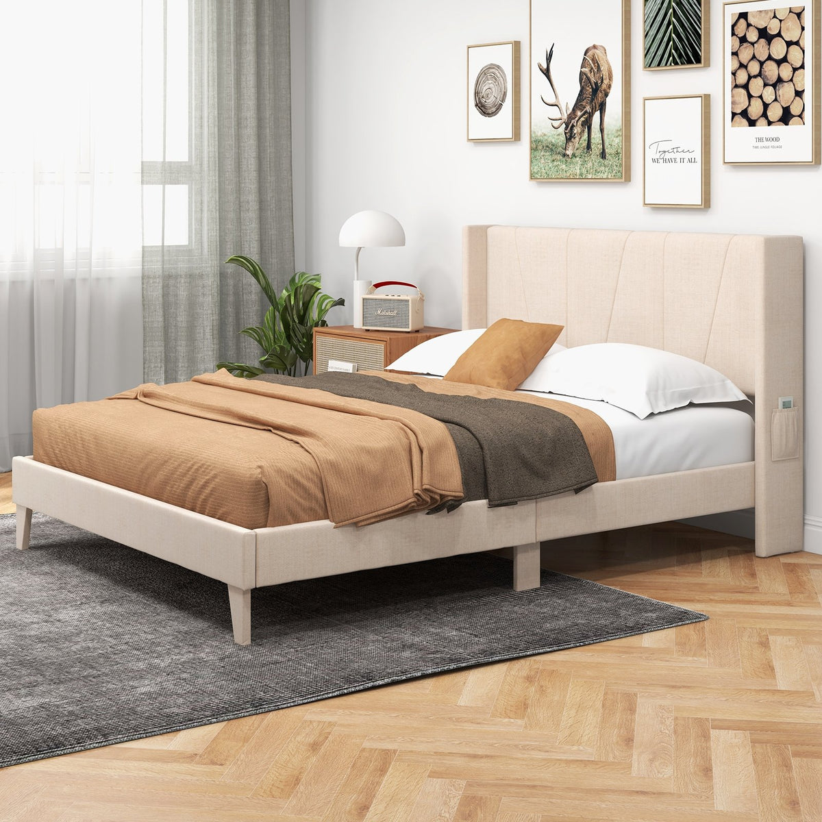 Full/Queen Size Upholstered Bed Frame with Geometric Wingback Headboard-Queen Size view 2