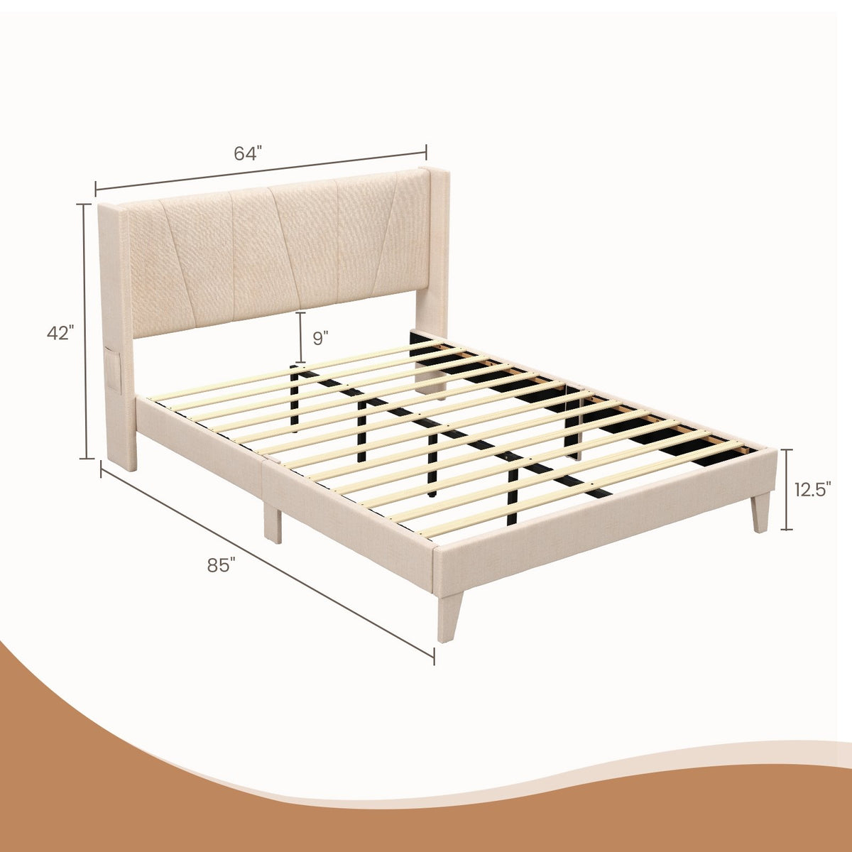 Full/Queen Size Upholstered Bed Frame with Geometric Wingback Headboard-Queen Size view 5