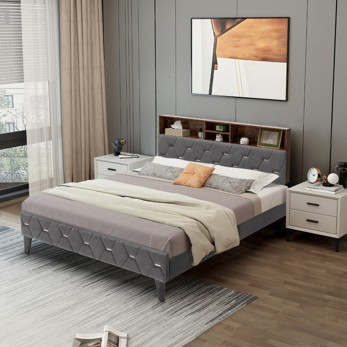 Full/Queen Size Upholstered Bed Frame with Storage Headboard-Full Size view 3