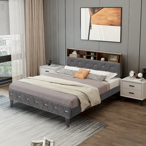 Full/Queen Size Upholstered Bed Frame with Storage Headboard-Full Size view 3