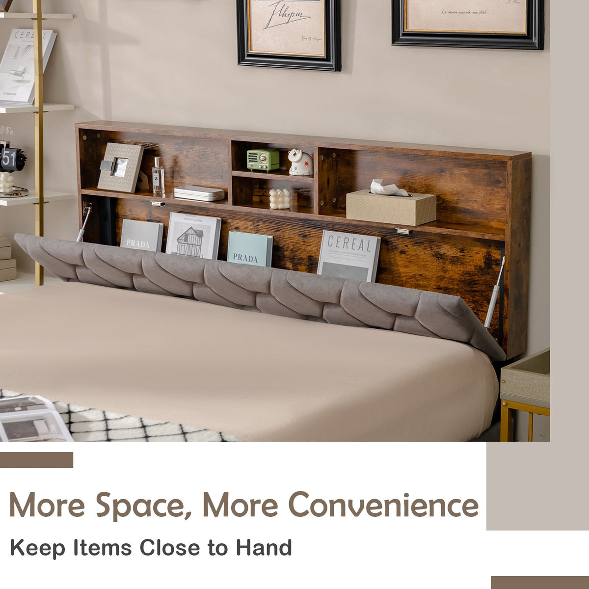 Full/Queen Size Upholstered Bed Frame with Storage Headboard-Full Size view 6