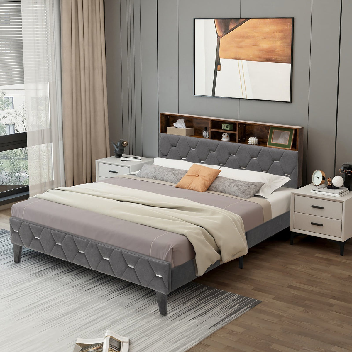 Full/Queen Size Upholstered Bed Frame with Storage Headboard-Queen Size view 3