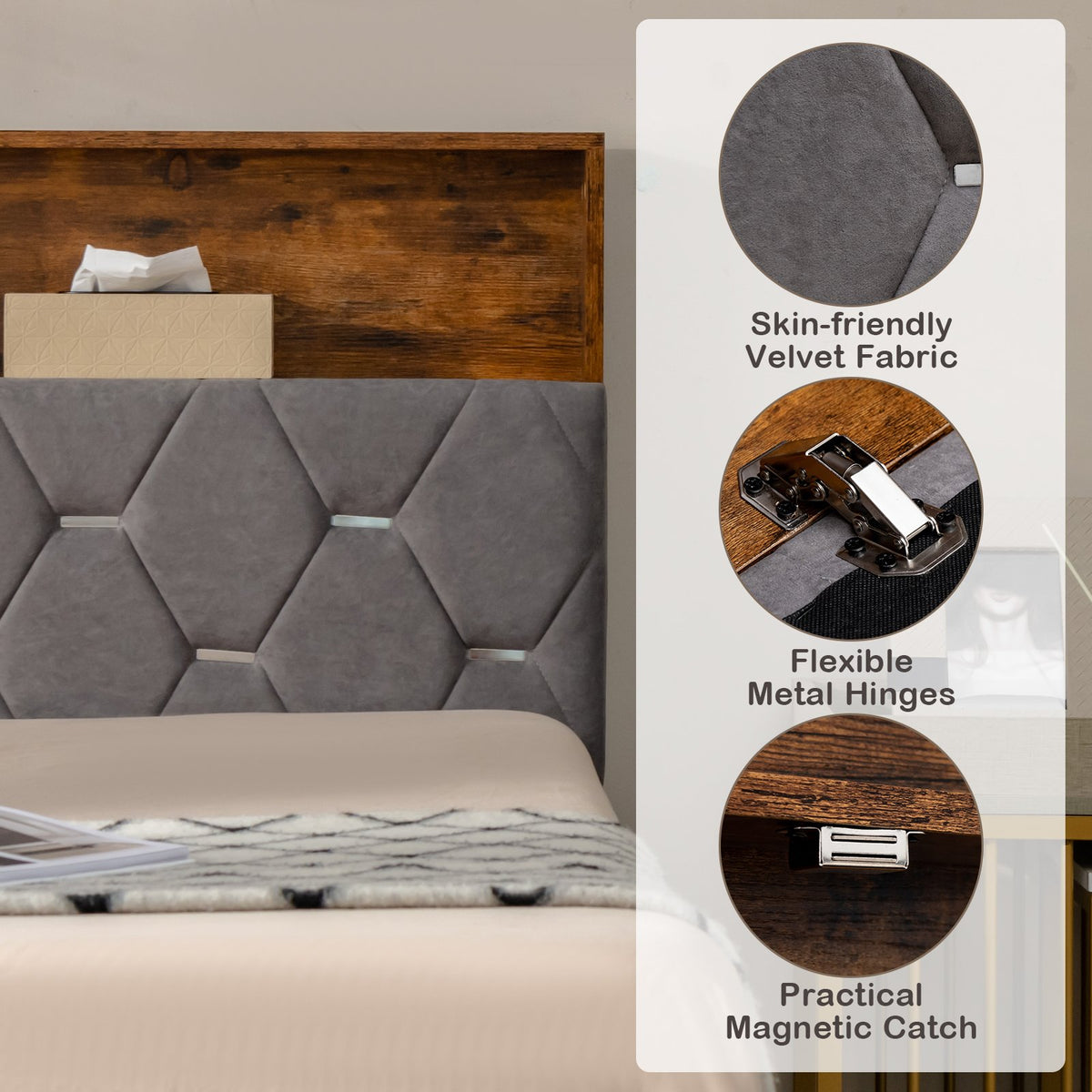 Full/Queen Size Upholstered Bed Frame with Storage Headboard-Queen Size view 9