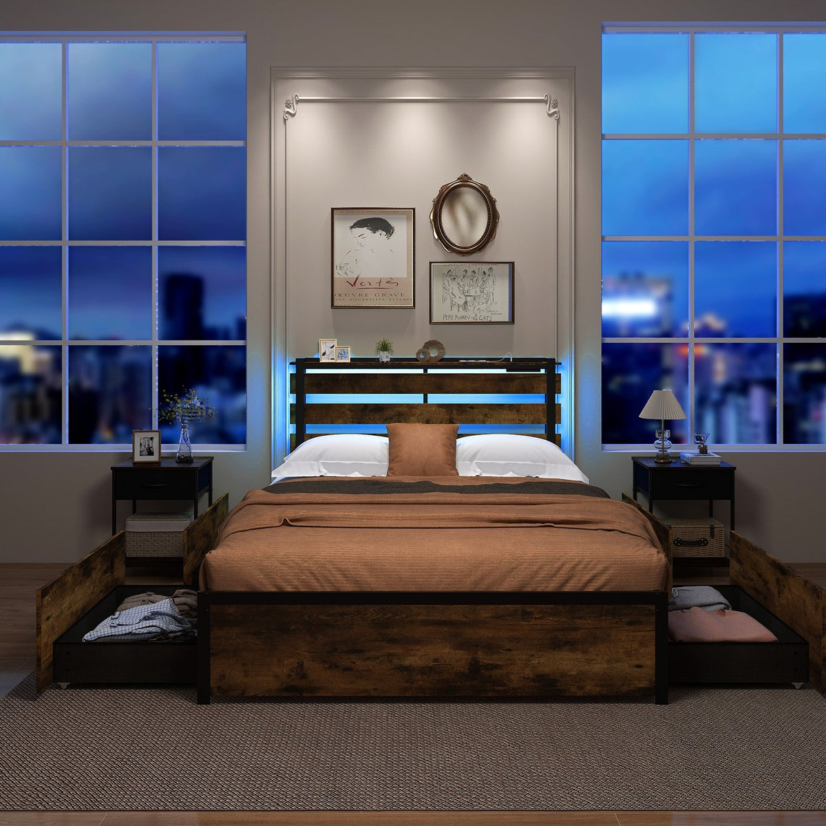 Full/Queen/Twin Size Bed Frame with Drawers LED Lights and USB Ports-Full Size view 3
