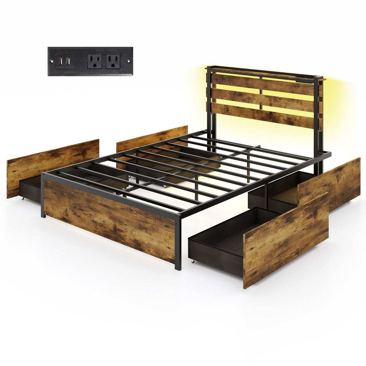Full/Queen/Twin Size Bed Frame with Drawers LED Lights and USB Ports-Full Size view 4