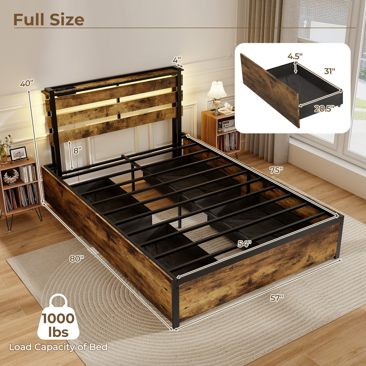 Full/Queen/Twin Size Bed Frame with Drawers LED Lights and USB Ports-Full Size view 5