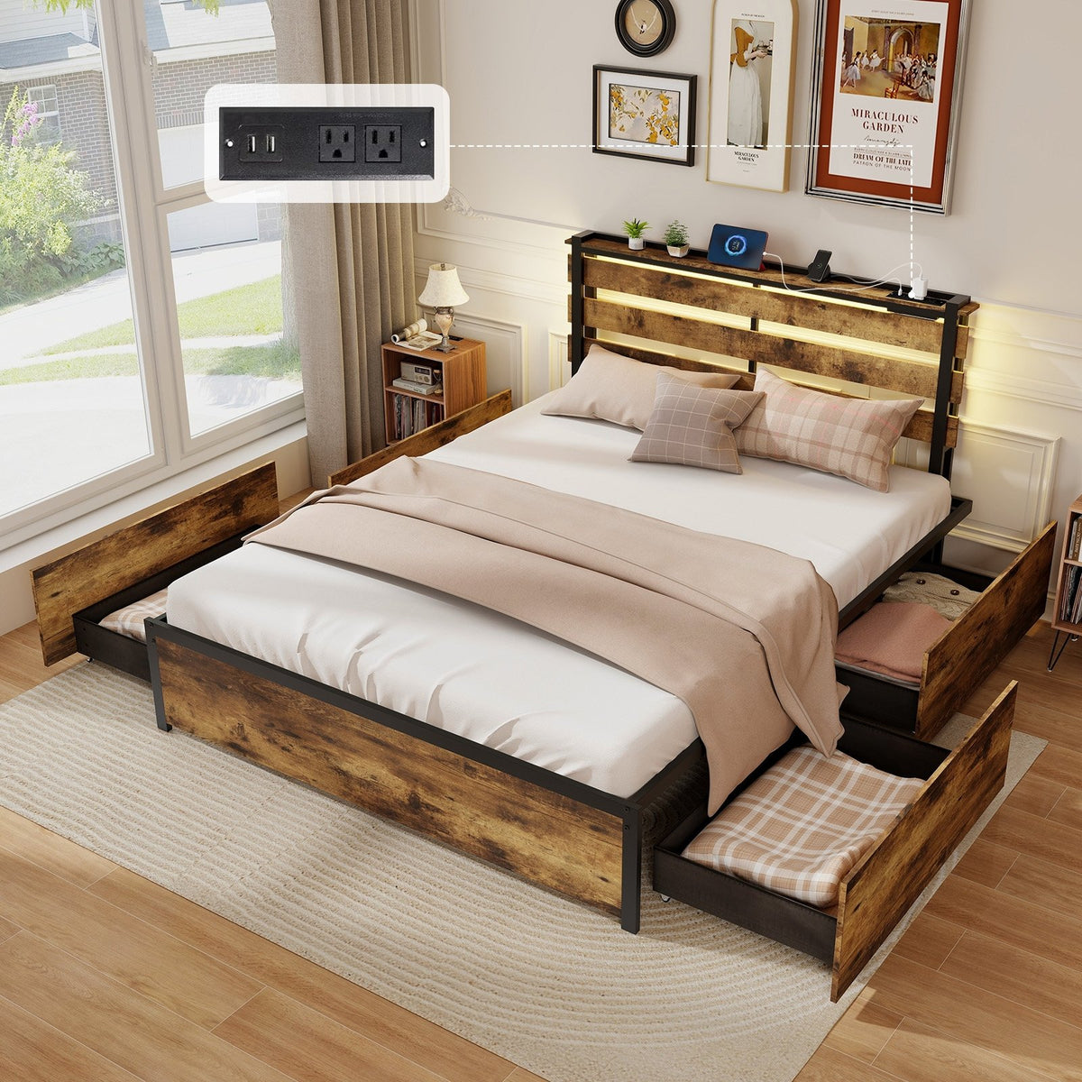 Full/Queen/Twin Size Bed Frame with Drawers LED Lights and USB Ports-Queen Size view 2