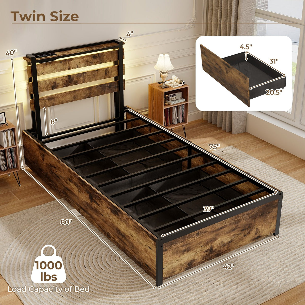 Full/Queen/Twin Size Bed Frame with Drawers LED Lights and USB Ports-Twin Size view 4
