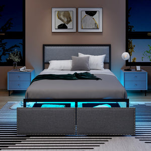 Full/Queen/Twin Size Bed Frame with LED Lights Drawer and Metal Slats-Full Size view 3