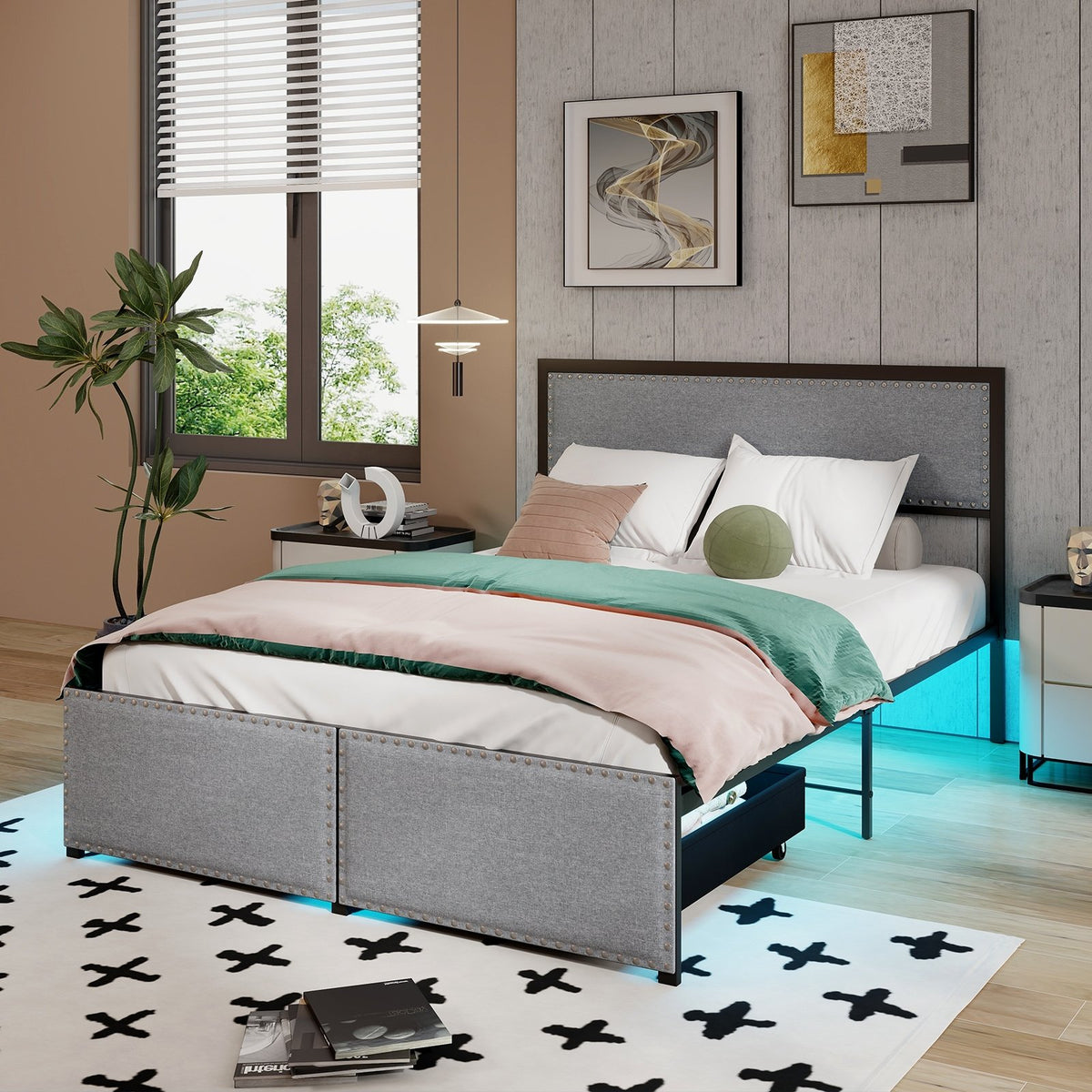 Full/Queen/Twin Size Bed Frame with LED Lights Drawer and Metal Slats-Full Size view 5