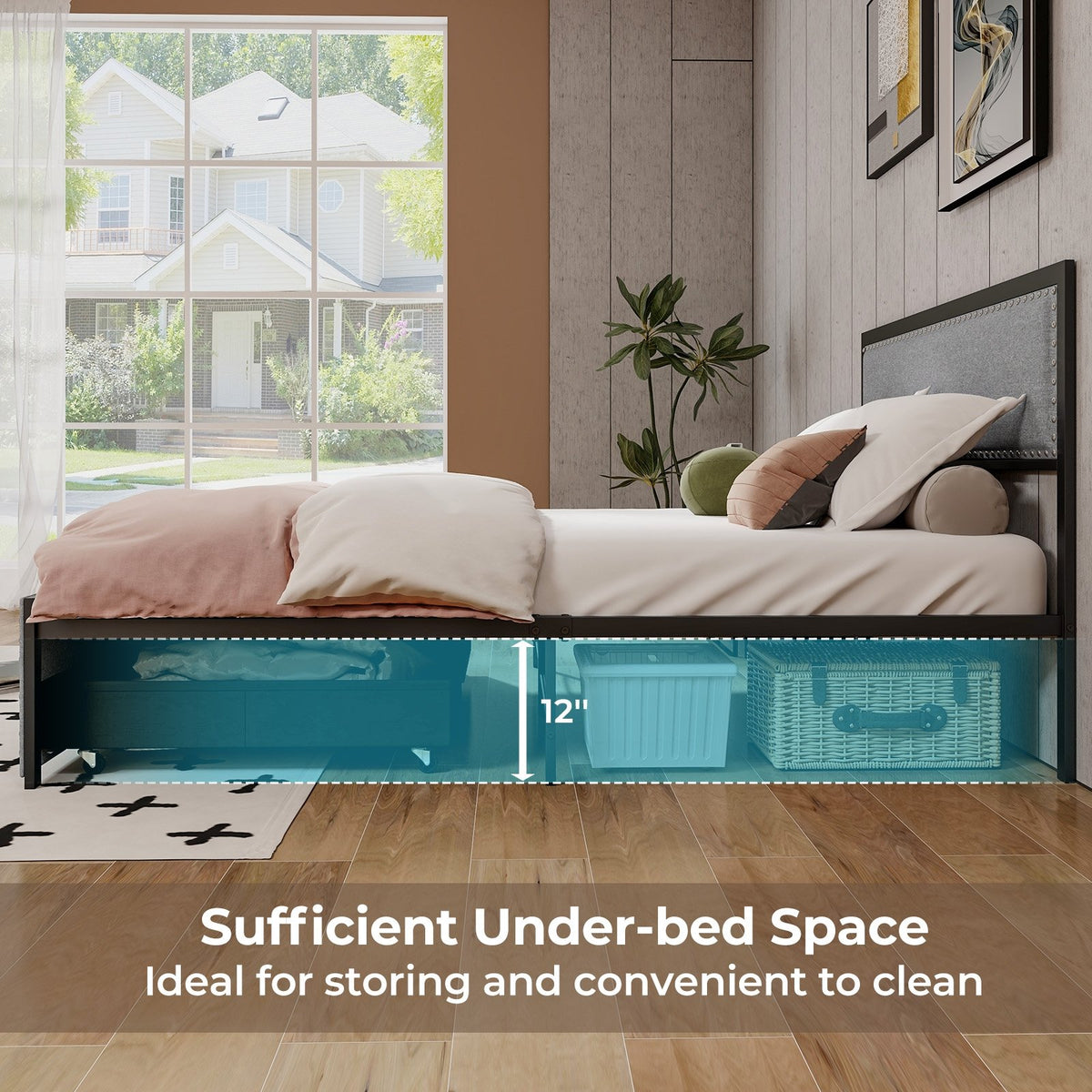 Full/Queen/Twin Size Bed Frame with LED Lights Drawer and Metal Slats-Full Size view 7