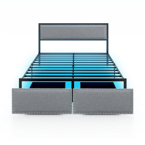 Full/Queen/Twin Size Bed Frame with LED Lights Drawer and Metal Slats-Queen Size