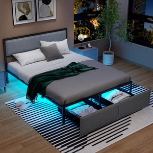 Full/Queen/Twin Size Bed Frame with LED Lights Drawer and Metal Slats-Queen Size view 2