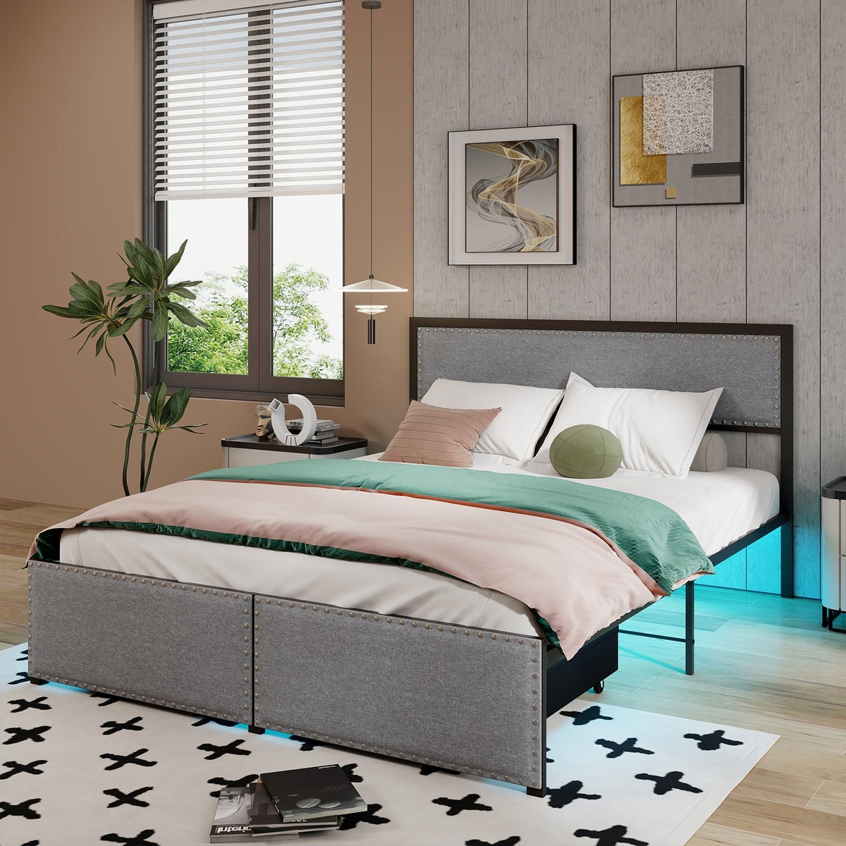Full/Queen/Twin Size Bed Frame with LED Lights Drawer and Metal Slats-Queen Size view 3