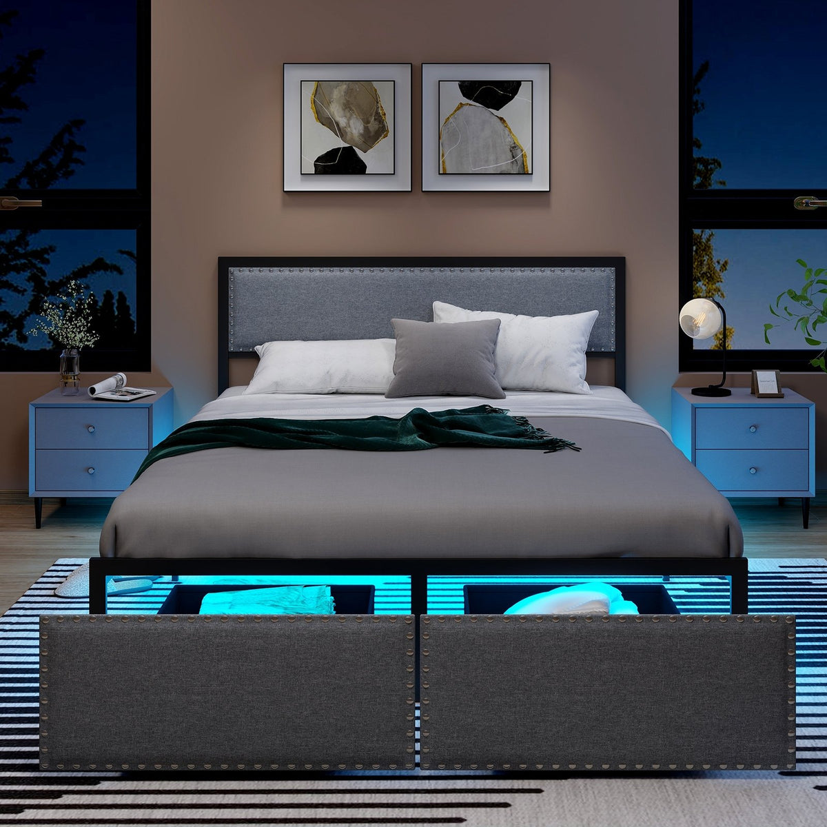 Full/Queen/Twin Size Bed Frame with LED Lights Drawer and Metal Slats-Queen Size view 5