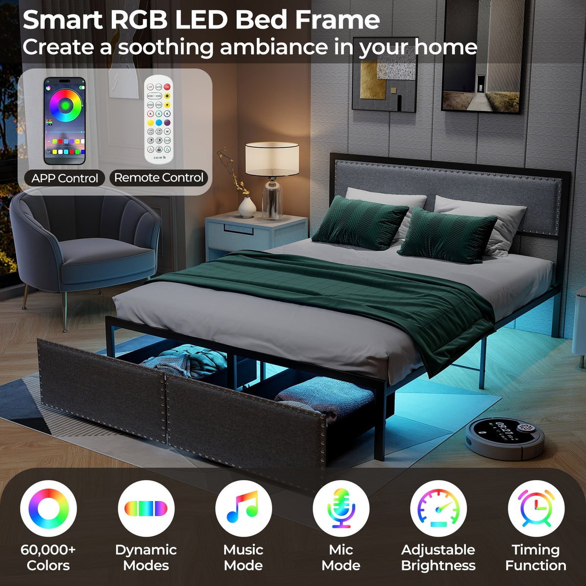 Full/Queen/Twin Size Bed Frame with LED Lights Drawer and Metal Slats-Queen Size view 6