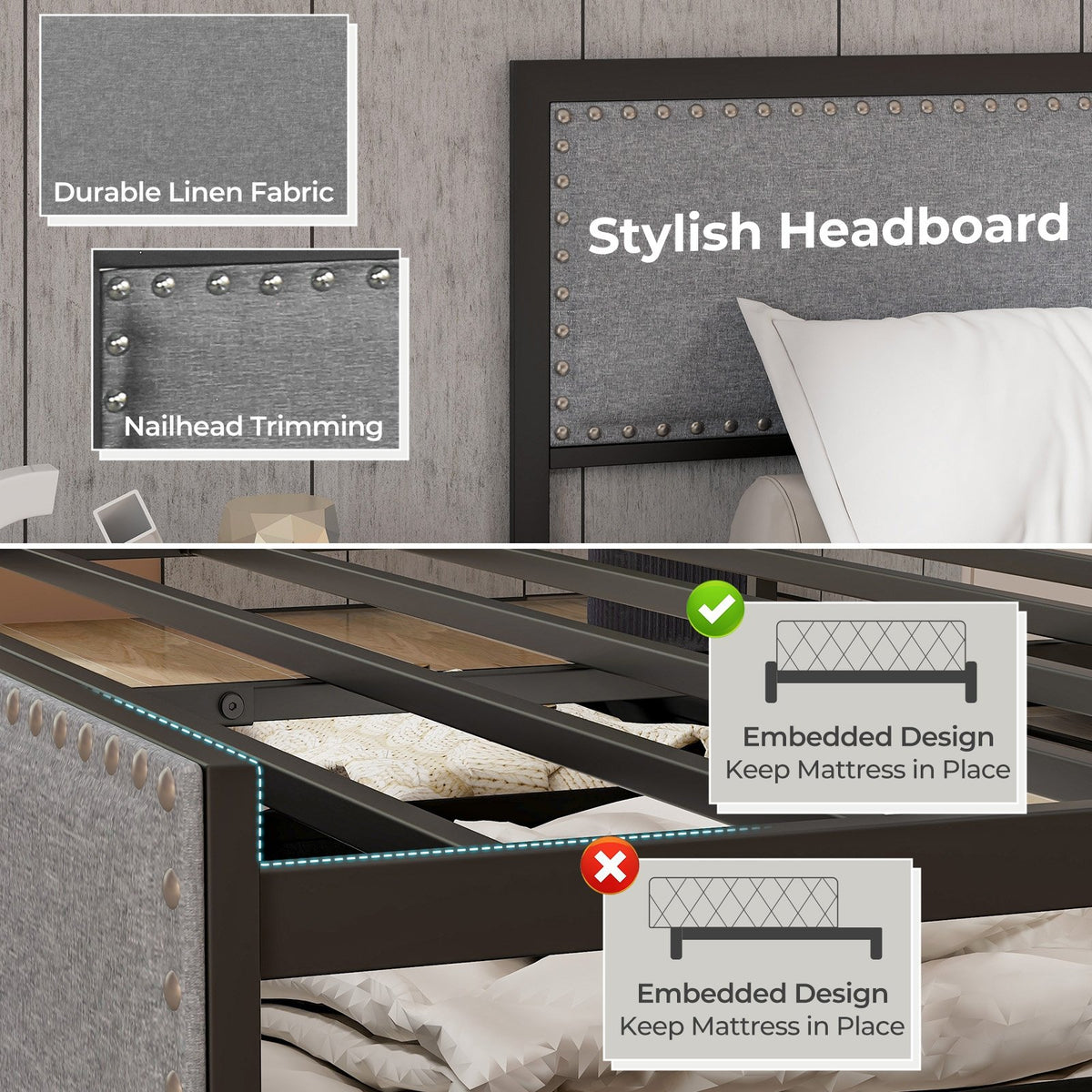 Full/Queen/Twin Size Bed Frame with LED Lights Drawer and Metal Slats-Queen Size view 8