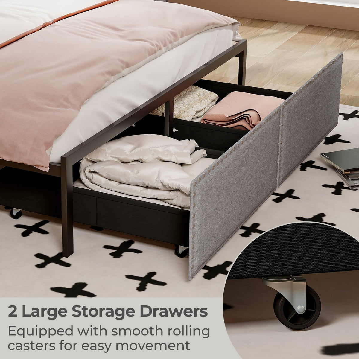 Full/Queen/Twin Size Bed Frame with LED Lights Drawer and Metal Slats-Queen Size view 9