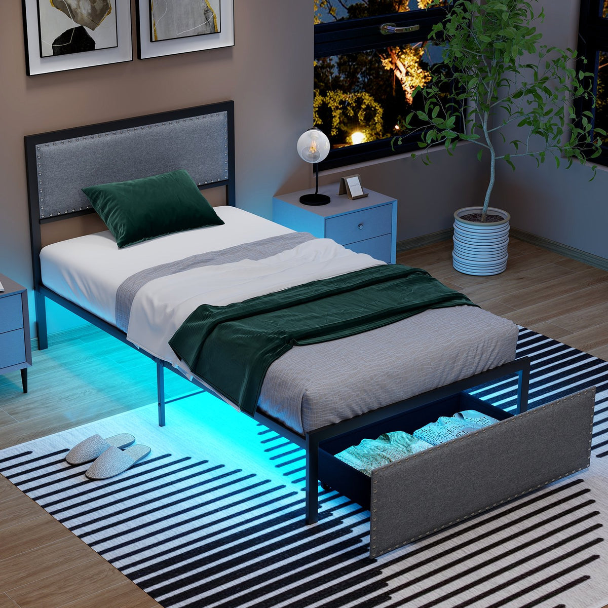 Full/Queen/Twin Size Bed Frame with LED Lights Drawer and Metal Slats-Twin Size view 2