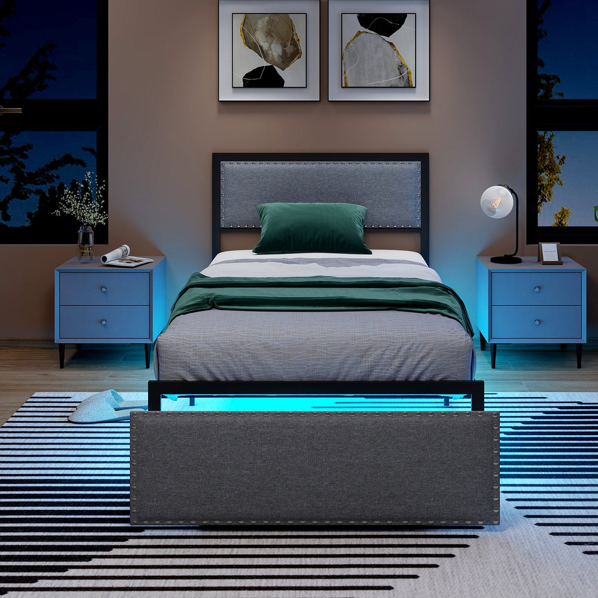 Full/Queen/Twin Size Bed Frame with LED Lights Drawer and Metal Slats-Twin Size view 3