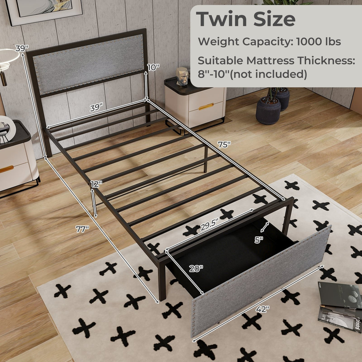 Full/Queen/Twin Size Bed Frame with LED Lights Drawer and Metal Slats-Twin Size view 4