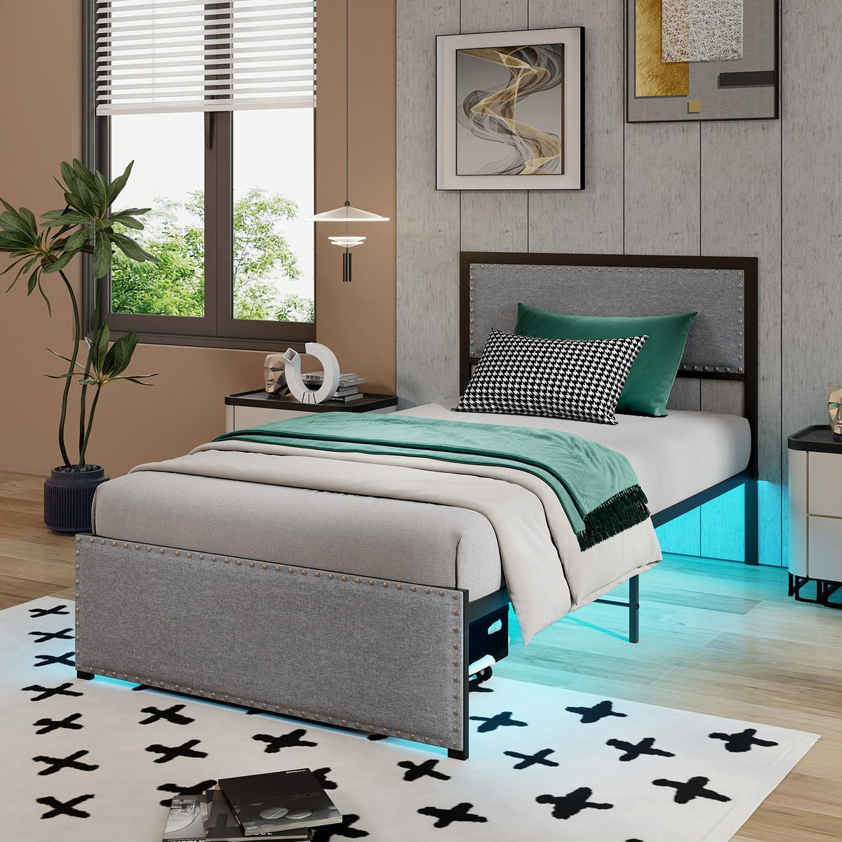 Full/Queen/Twin Size Bed Frame with LED Lights Drawer and Metal Slats-Twin Size view 5