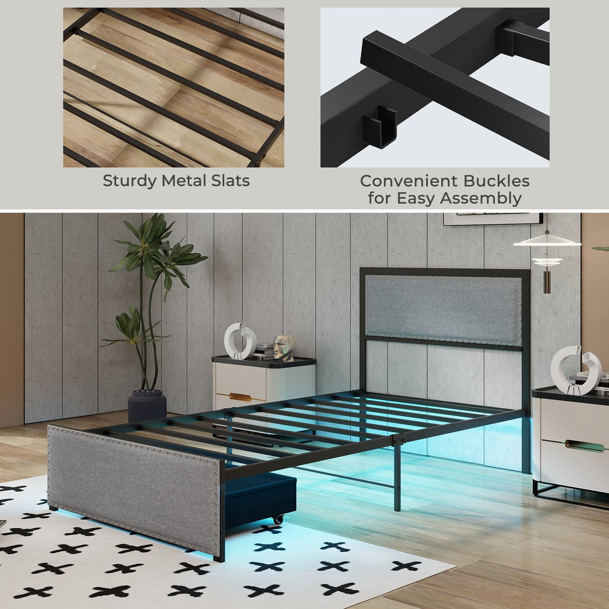 Full/Queen/Twin Size Bed Frame with LED Lights Drawer and Metal Slats-Twin Size view 9