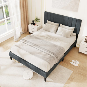 Full/Queen/Twin Size Bed Frame with Vertical Channel Tufted Headboard and Wooden Slats-Full Size view 2