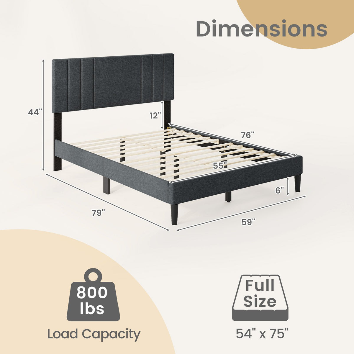Full/Queen/Twin Size Bed Frame with Vertical Channel Tufted Headboard and Wooden Slats-Full Size view 4